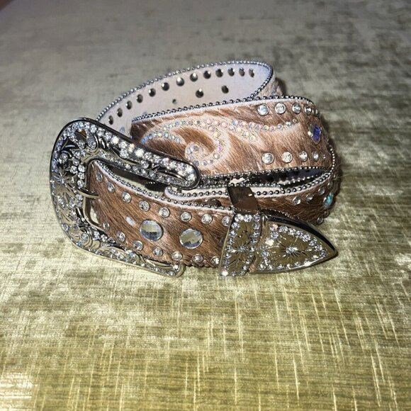 Nocona Brown Calf Hair Leather Studded Iridescent Rhinestone Belt M 32.5-38.5” - Picture 5 of 16
